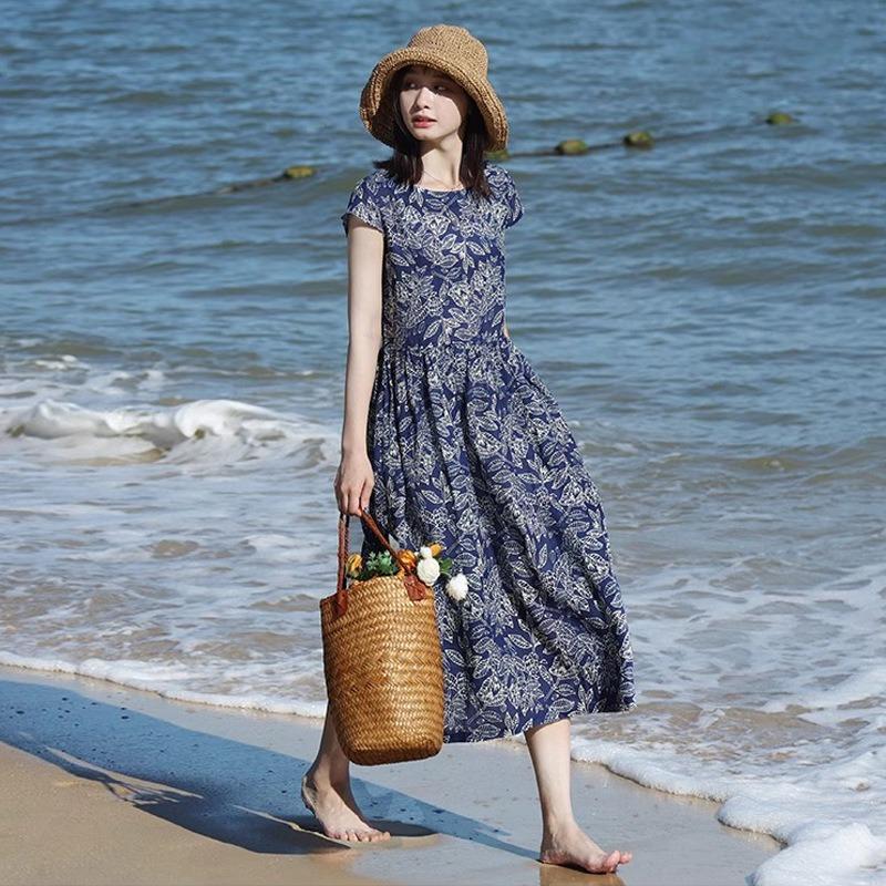 Summer new literary and loose cotton and linen printing round neck short-sleeved dress women s clothing medium and long # M
Summer new literary and loose cotton and linen printing round neck short-sleeved dress women s clothing medium and long # M