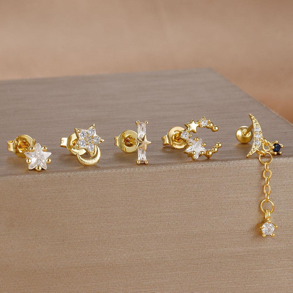 5PCS Stainless Steel Star Moon Chain Stud Earrings Set for Women Creative 18K Gold Plated Ear Piercing Earring Wedding Jewelry
5PCS Stainless Steel Star Moon Chain Stud Earrings Set for Women Creative 18K Gold Plated Ear Piercing Earring Wedding Jewelry
