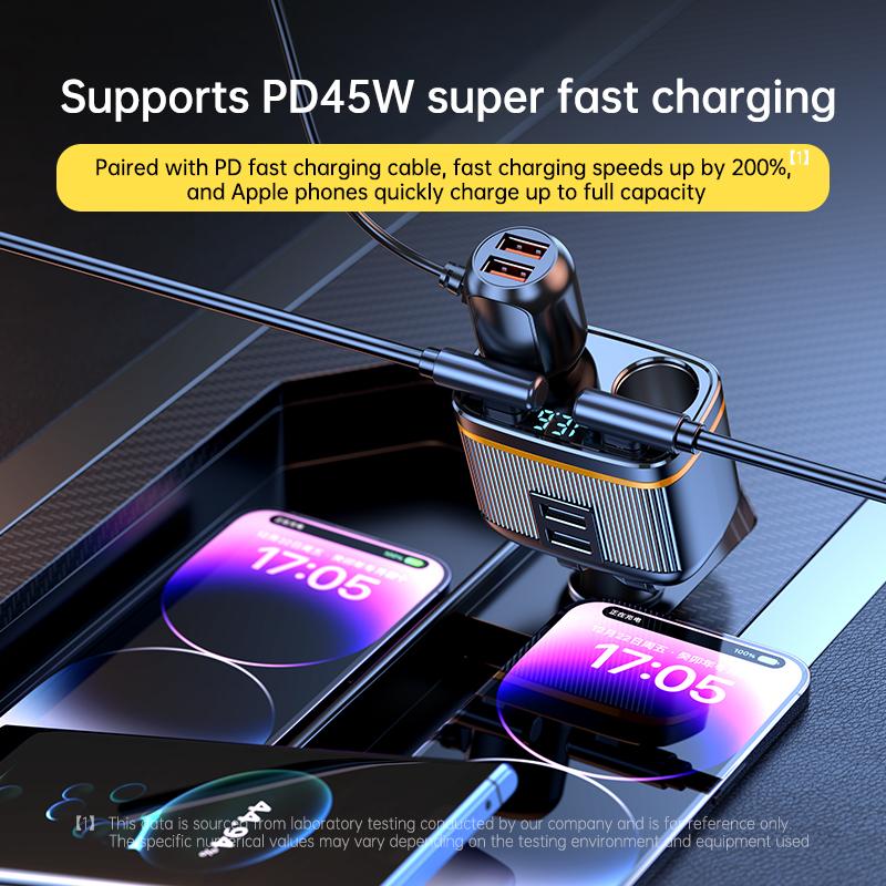 C27 2 USB + 2 Type-C Ports 145W Car Charger Dual Cigarette Lighter Socket with Voltage Digital Display
C27 2 USB + 2 Type-C Ports 145W Car Charger Dual Cigarette Lighter Socket with Voltage Digital Display