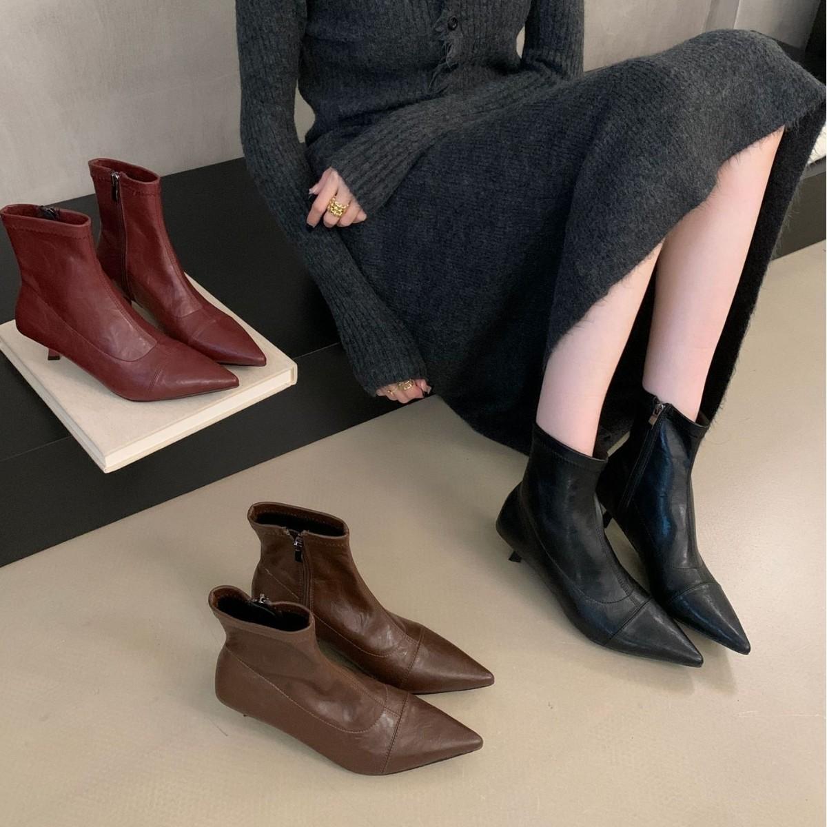 2025 новая корейская версия низкая голень острый носок тонкая низкая голень боковая молния Челси Мартин женские короткие ботинки 39 кофейный