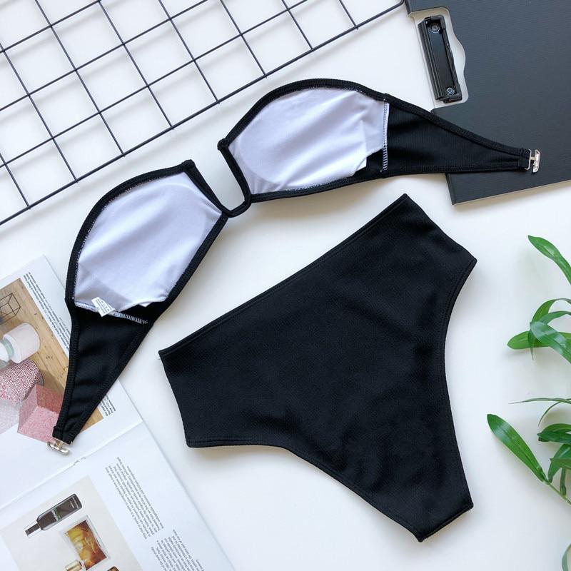 Buy Solid Black White Bandeau Ribbed Bikini Set Two Piece Swim Suits