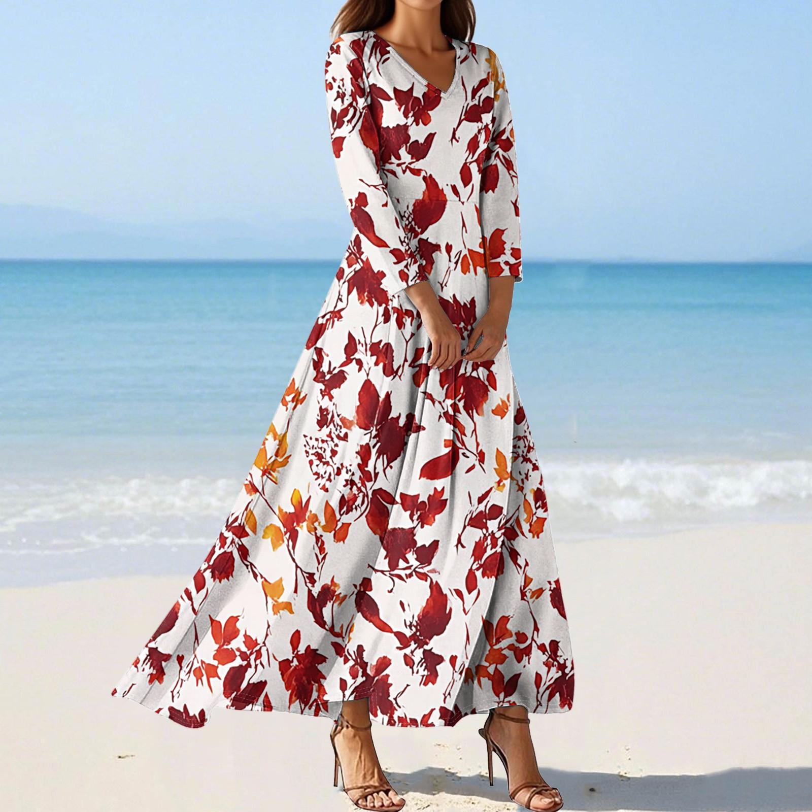 Женские модные платья с V-образным вырезом, летящие пляжные платья с рукавом семь восьмых и цветочным принтом XXL винный