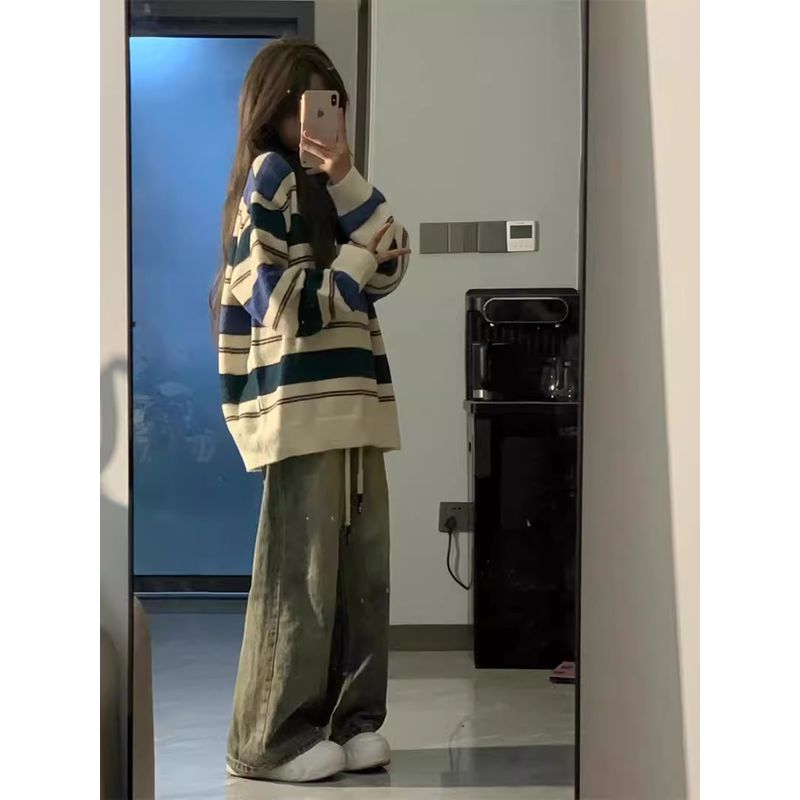 Japanese Style Stripe Soft Glutinous Loose Classy Casual Sweater Stripes Sweater M 
Japanese Style Stripe Soft Glutinous Loose Classy Casual Sweater Stripes Sweater M