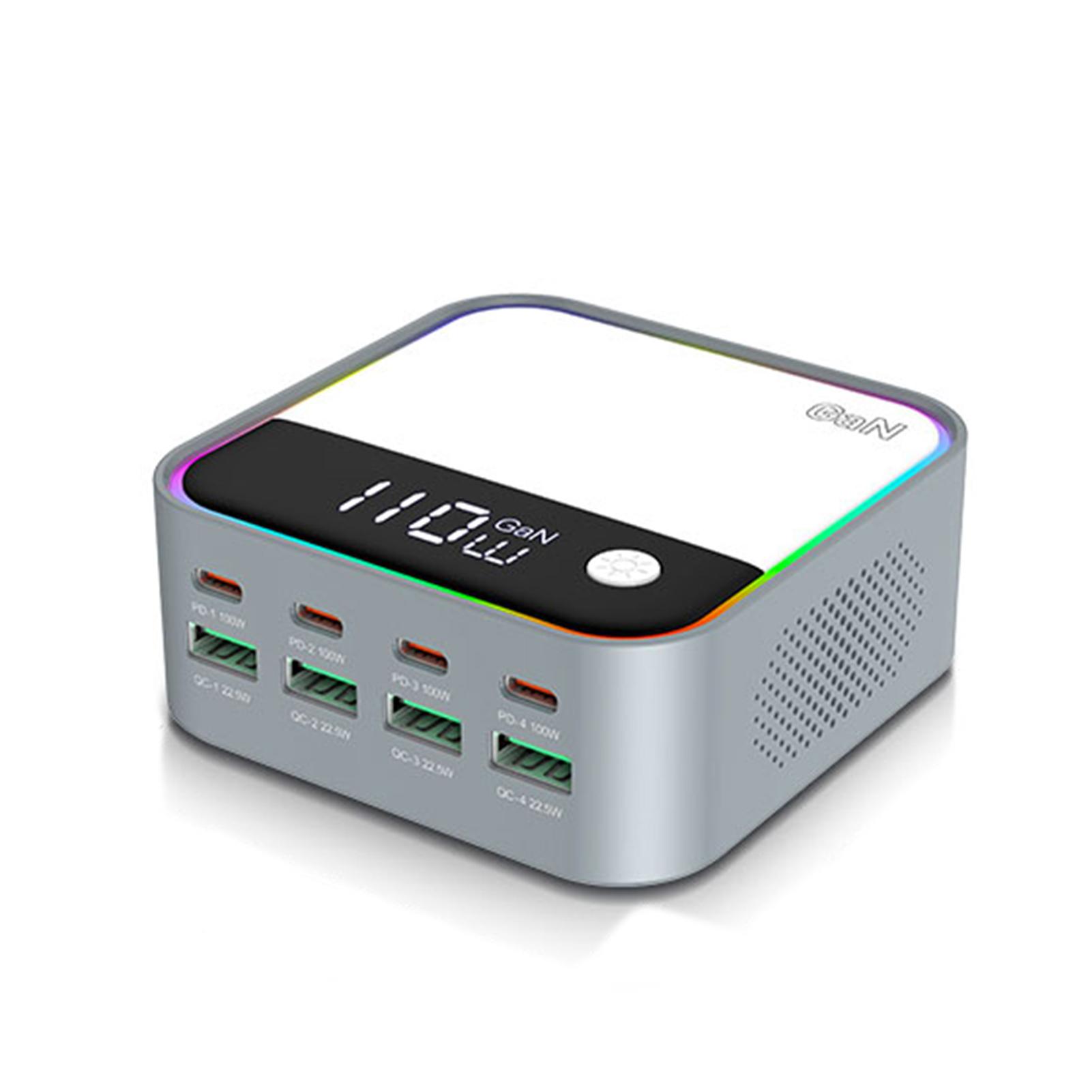 Станция быстрой зарядки 120 Вт 8 в 1 GaN зарядное устройство с цветной мигающей подсветкой широкое напряжение 100-240 В EU Plug
Станция быстрой зарядки 120 Вт 8 в 1 GaN зарядное устройство с цветной мигающей подсветкой широкое напряжение 100-240 В EU Plug