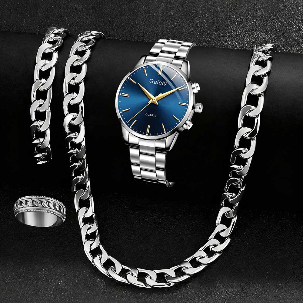 4PC Silver Men Watch Set Business Trend Simple Lines Scale Blue Round Dial Quartz Watch Bracelet Necklace Ring Set Perfect Gift срібний
4PC Silver Men Watch Set Business Trend Simple Lines Scale Blue Round Dial Quartz Watch Bracelet Necklace Ring Set Perfect Gift срібний