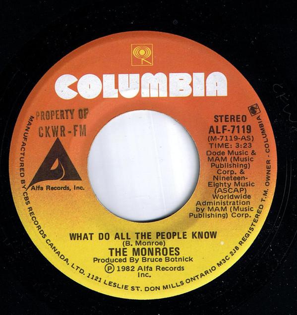 7inch Record MONROES 2 What Do All The People Know ALF7119 Columbia 1982 Canada Rock Used
7inch Record MONROES 2 What Do All The People Know ALF7119 Columbia 1982 Canada Rock Used