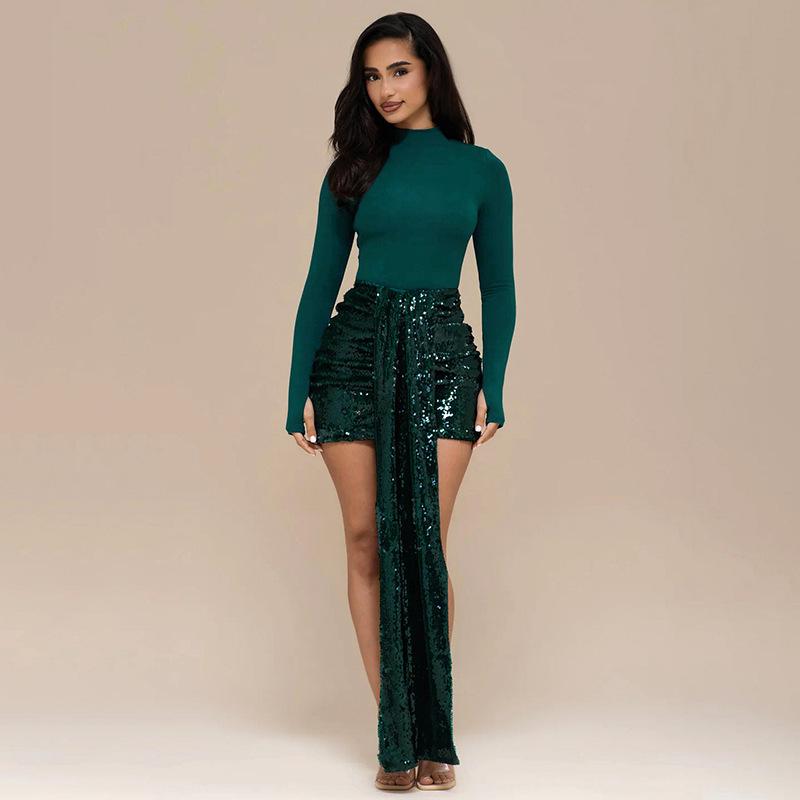Women s autumn new slim-fit turtleneck splicing sequined mini casual suit short skirt women L зелений
Women s autumn new slim-fit turtleneck splicing sequined mini casual suit short skirt women L зелений
