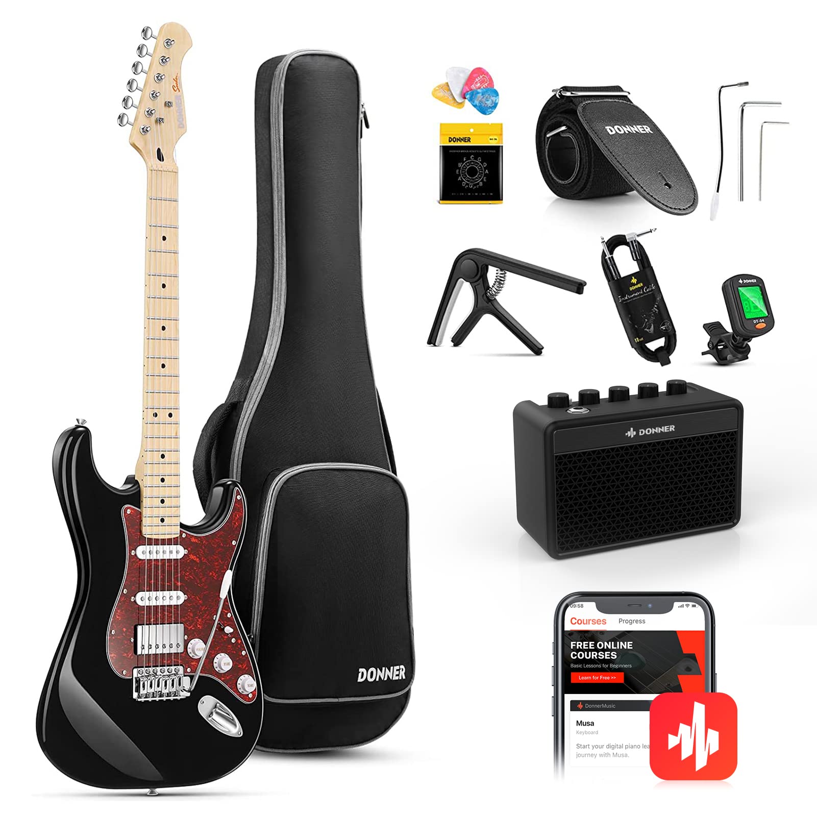 Donner Electric Guitar Beginner Set ST Type Coil Tap 6 Point Tremolo Mini Amplifier Case Strap Shield Included Black
Donner Electric Guitar Beginner Set ST Type Coil Tap 6 Point Tremolo Mini Amplifier Case Strap Shield Included Black