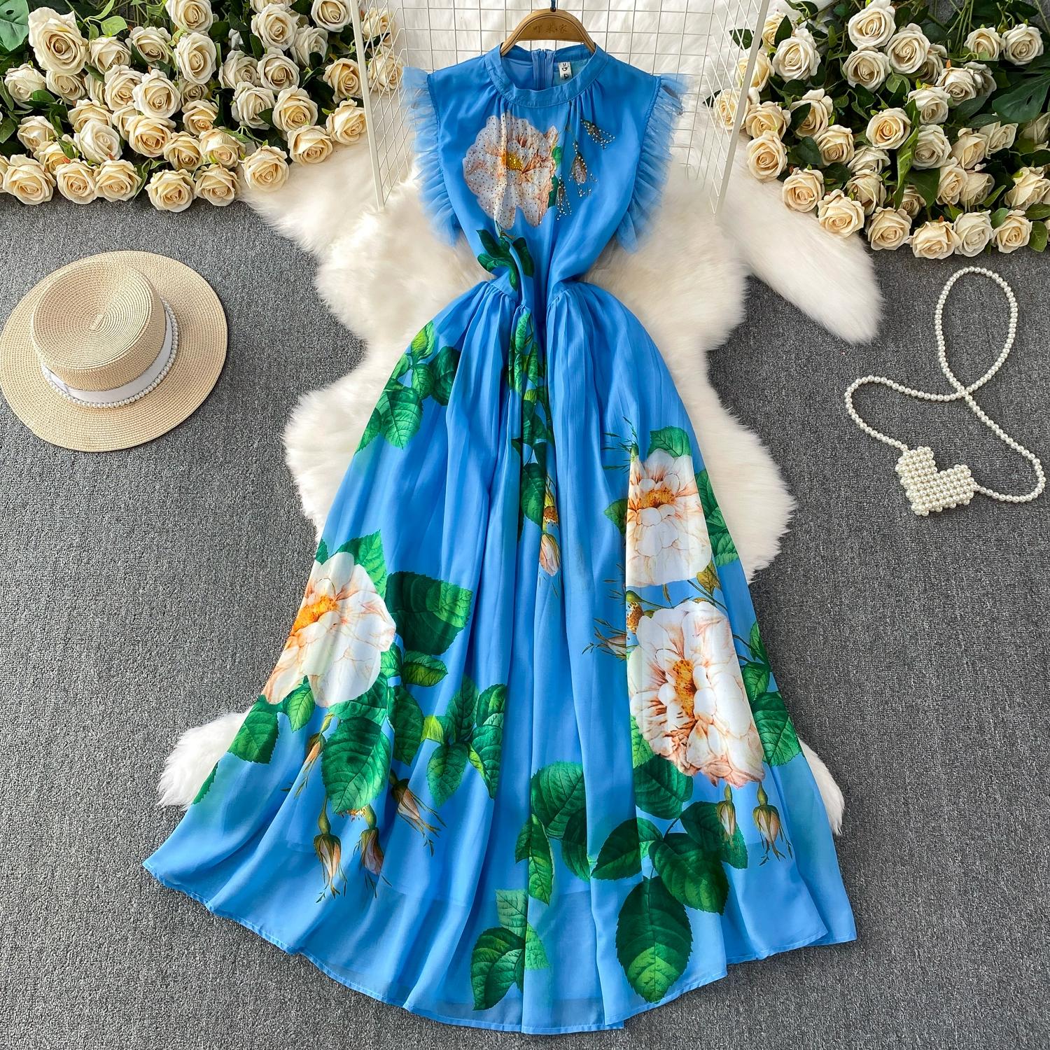 Летние женские платья макси с длинным рукавом «летучая мышь», принтом, блестящими бриллиантами, цветочным узором, для отпуска, для моря XXL синий