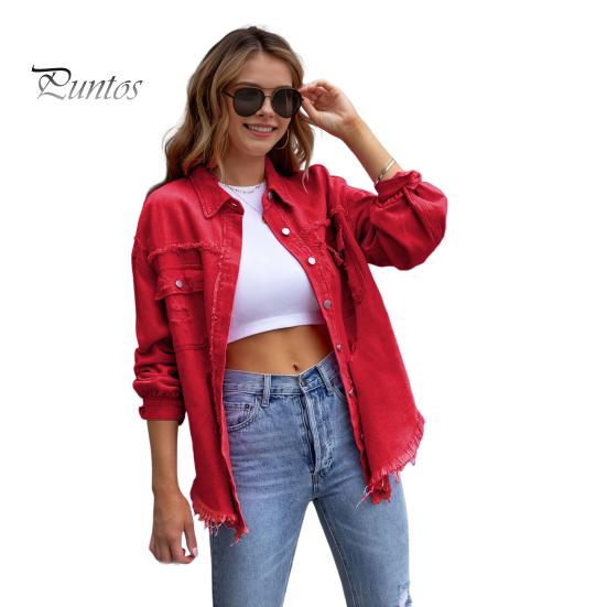 Женская джинсовая куртка в стиле ретро, однобортная, с рваными отверстиями, отложным воротником, длинными рукавами, однотонными карманами с клапанами, женское пальто для поездок на работу и шопинга S красный