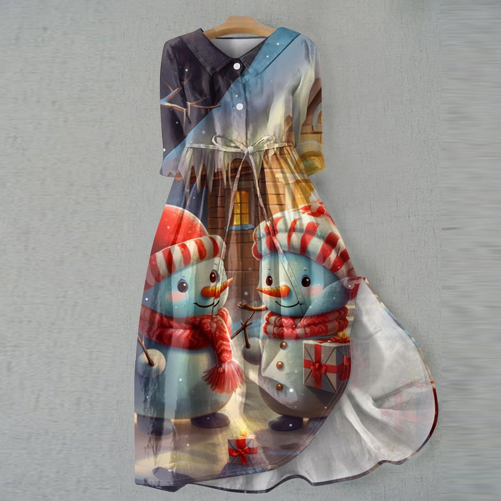 Женское модное рождественское принтовое платье с отворотом, застегивающимся на пуговицы, рукавами-семью точками и завязками XXXL