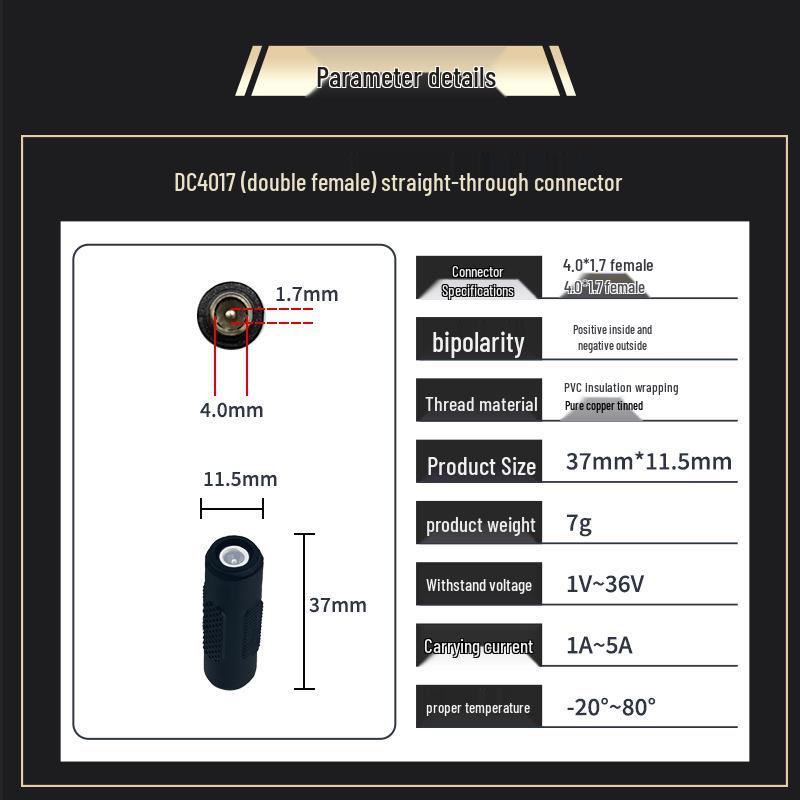 DC4.0*1.7 Power Adapter Male-Female for LED Lights & Cameras in Stock
DC4.0*1.7 Power Adapter Male-Female for LED Lights & Cameras in Stock