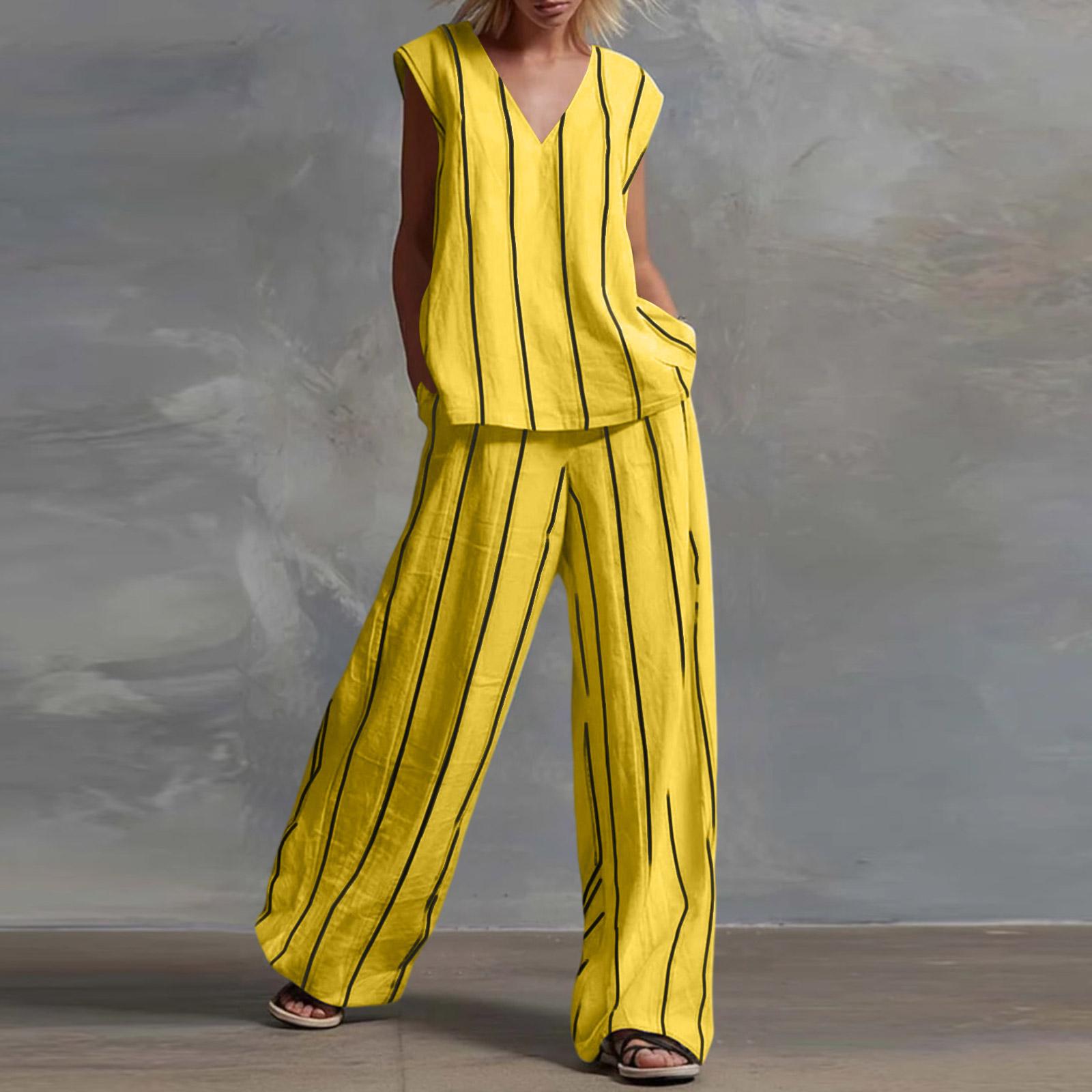 Women Casual Two Piece Set V Neck Sleeveless Top with Wide Leg Pants Striped Pattern Lightweight Summer Outfit XL жёлтый
Women Casual Two Piece Set V Neck Sleeveless Top with Wide Leg Pants Striped Pattern Lightweight Summer Outfit XL жёлтый