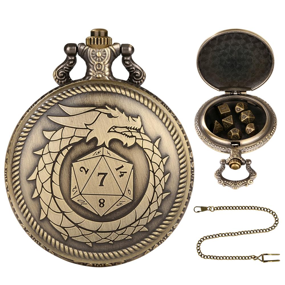 Antique Carved Dragon Dice Empty Pocket Watch Case with 7PCS Metal Polyhedral Dice Antique Meter Header Gifts for Table Game Fan
Antique Carved Dragon Dice Empty Pocket Watch Case with 7PCS Metal Polyhedral Dice Antique Meter Header Gifts for Table Game Fan