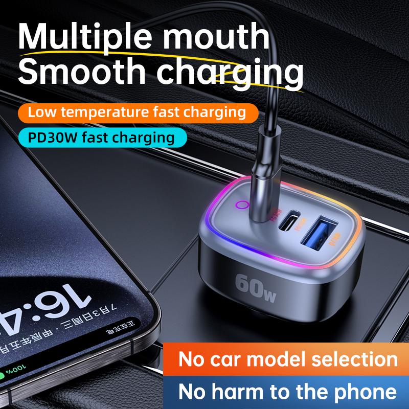 C08 60W USB + Dual USB-C Car Charger Cool Ambient Light Phone Fast Charging Power Adapter
C08 60W USB + Dual USB-C Car Charger Cool Ambient Light Phone Fast Charging Power Adapter