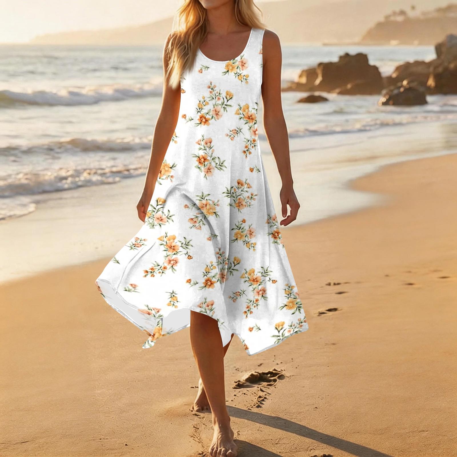 Women Sleeveless Floral Print Casual Dress Round Neck Irregular Hem Mid-Length Summer Dress L бежевый
Women Sleeveless Floral Print Casual Dress Round Neck Irregular Hem Mid-Length Summer Dress L бежевый