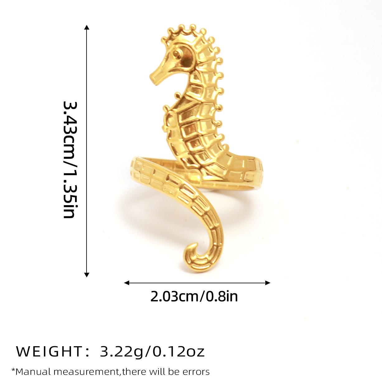 Creative 18K Gold PVD Plated Stainless Steel Anti Tarnish Metallic Sea Horse Open Adjustable Cocktail Rings for Women Girl
Creative 18K Gold PVD Plated Stainless Steel Anti Tarnish Metallic Sea Horse Open Adjustable Cocktail Rings for Women Girl