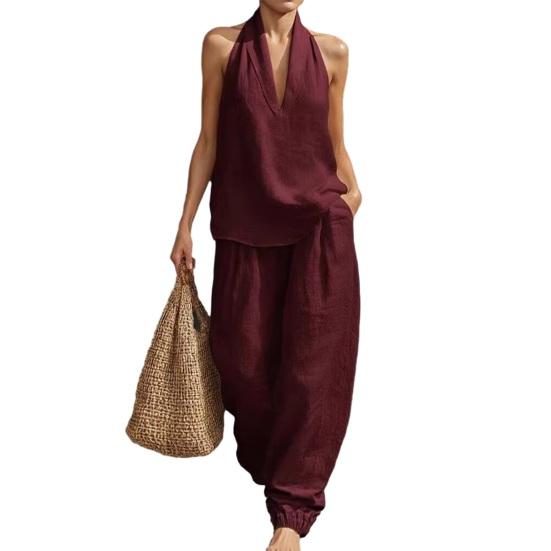 Two Piece Cotton Sets Linen Sleeveless V for Women Neck Halter Top S вина червоного кольору
Two Piece Cotton Sets Linen Sleeveless V for Women Neck Halter Top S вина червоного кольору