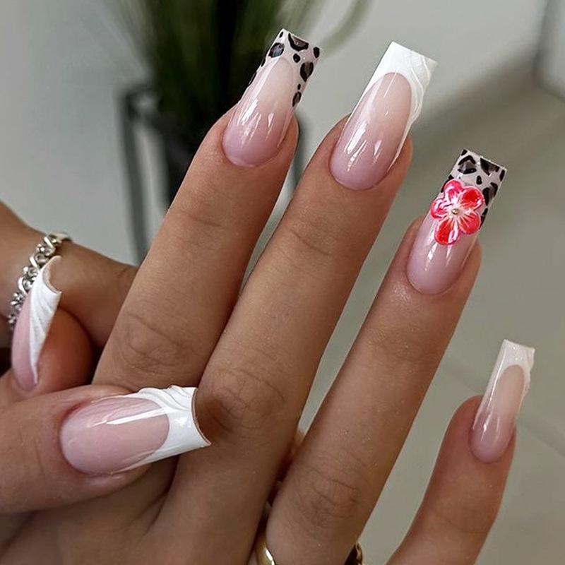 Leopard Print French Manicure Nail Stickers with Floral Design - Semi-Handmade, Removable False Nails
Leopard Print French Manicure Nail Stickers with Floral Design - Semi-Handmade, Removable False Nails