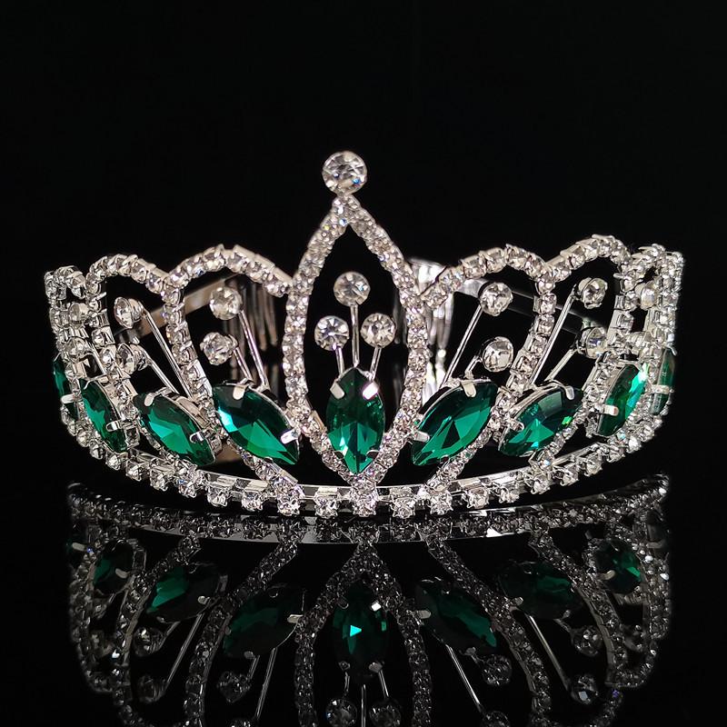 Золотая и серебряная корона с бриллиантами, стеклянная хрустальная большая корона, свадебный головной убор, аксессуары для подиума и показа волос зеленый цвет-серебро