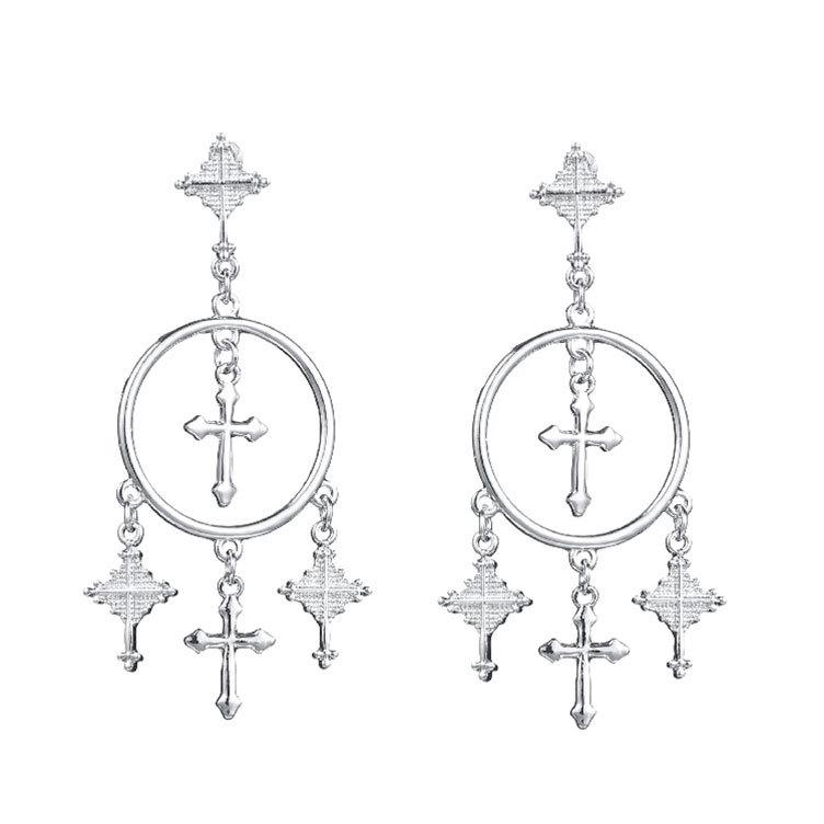 Серьги-кисточки в европейско-американском ретро-стиле с крестом: Резной сплав, преувеличенный модный стиль серебряный