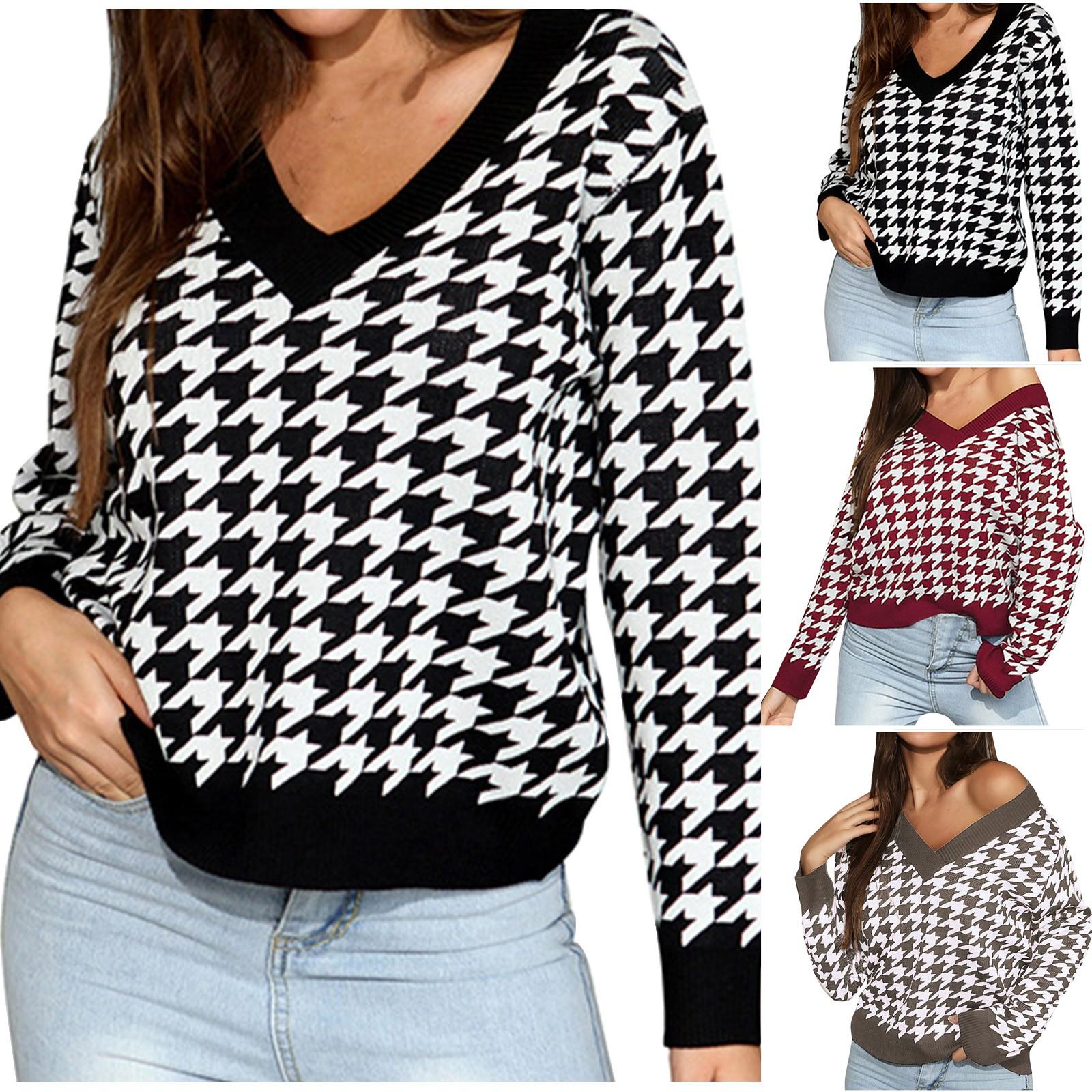 Женский осенне-зимний свитер с длинным рукавом и V-образным вырезом в винтажном стиле с узором «гусиная лапка» 
Женский осенне-зимний свитер с длинным рукавом и V-образным вырезом в винтажном стиле с узором «гусиная лапка»