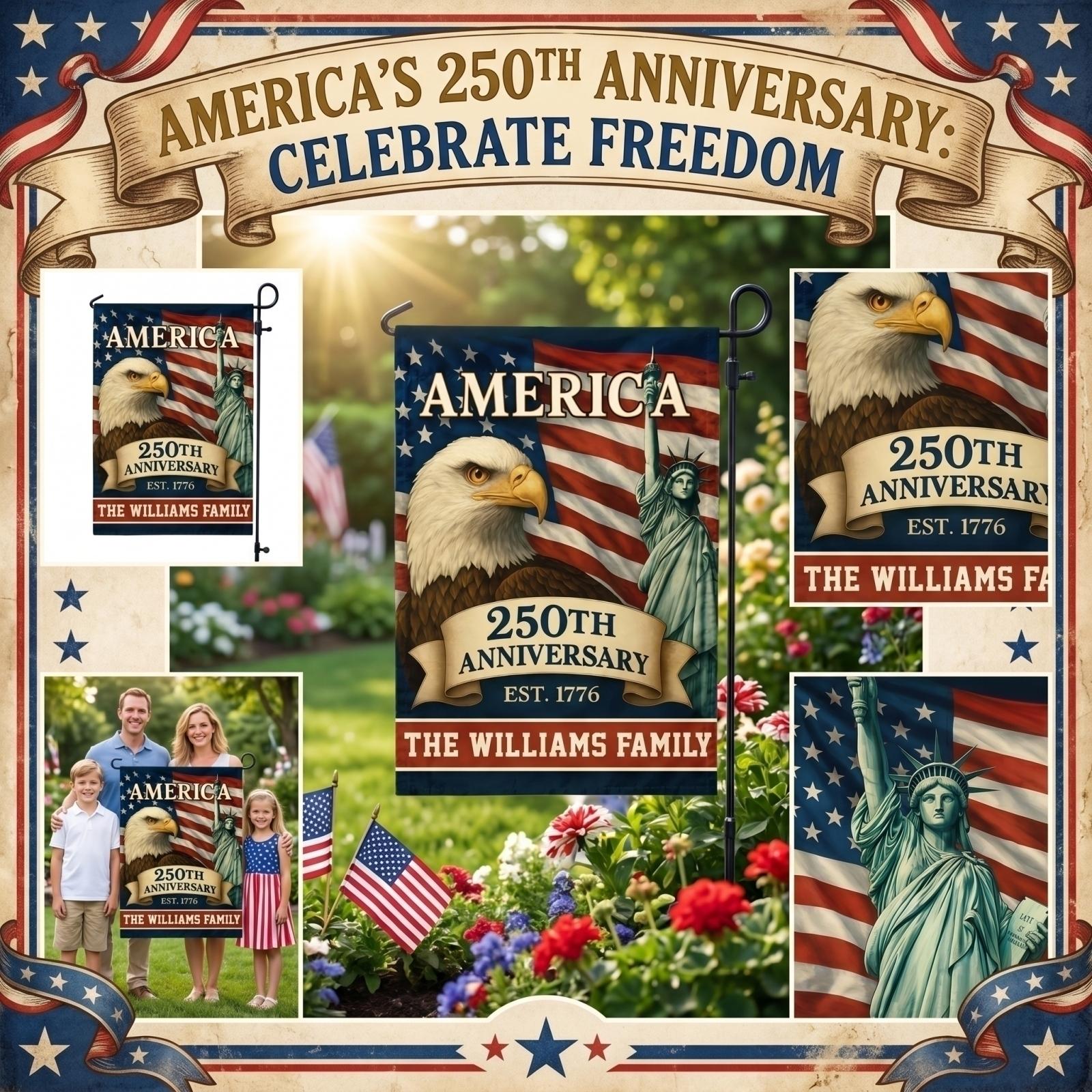Personalized 250th Anniversary Garden Flag United States of America Patriotic Outdoor Decoration for Yard and Lawn Display One Size
Personalized 250th Anniversary Garden Flag United States of America Patriotic Outdoor Decoration for Yard and Lawn Display One Size