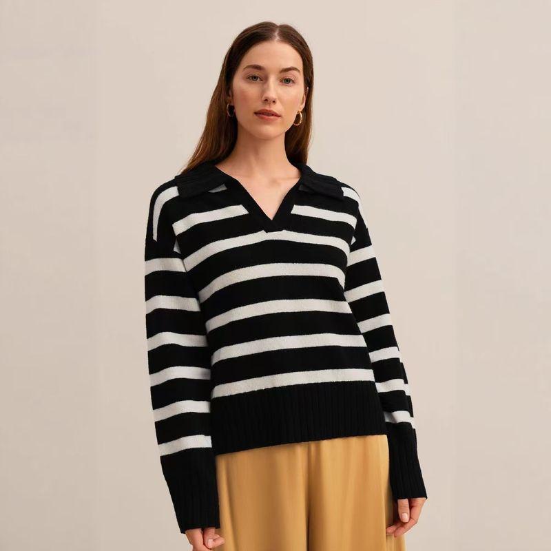 European and American New Russian Knitted Stripes Loose Polo Collar Sweater Knitted Striped Sweater Black L
European and American New Russian Knitted Stripes Loose Polo Collar Sweater Knitted Striped Sweater Black L