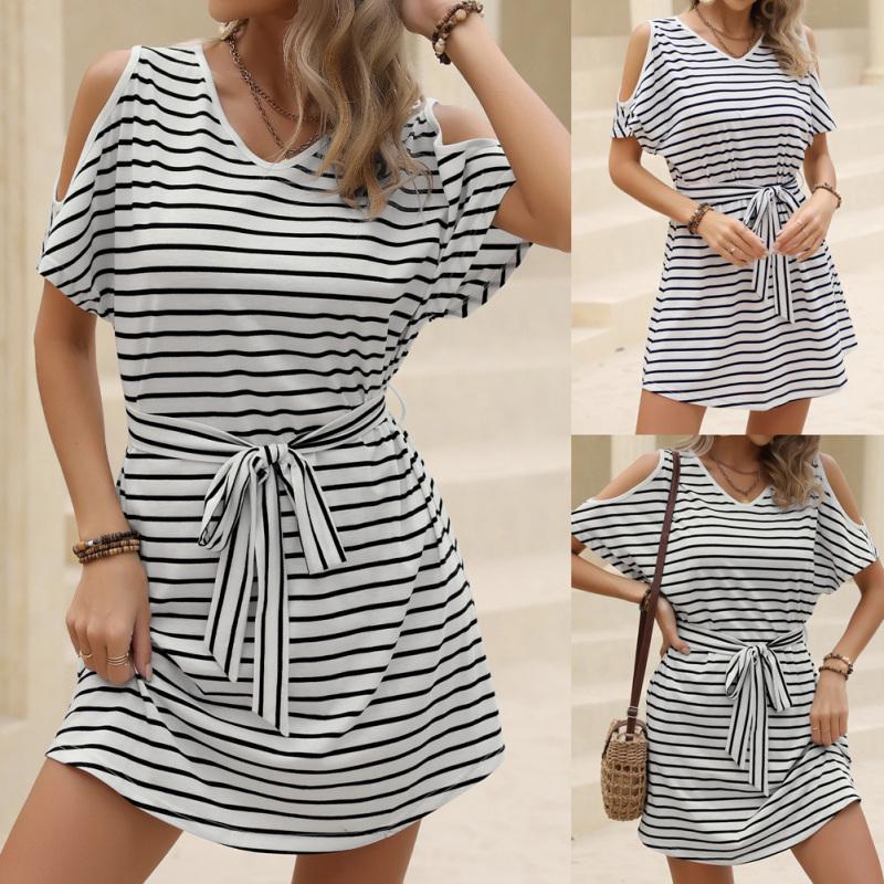 Женское повседневное полосатое платье-футболка с короткими рукавами и v-образным вырезом, трапециевидная юбка, сексуальное короткое платье на шнуровке с открытыми плечами 
Женское повседневное полосатое платье-футболка с короткими рукавами и v-образным вырезом, трапециевидная юбка, сексуальное короткое платье на шнуровке с открытыми плечами