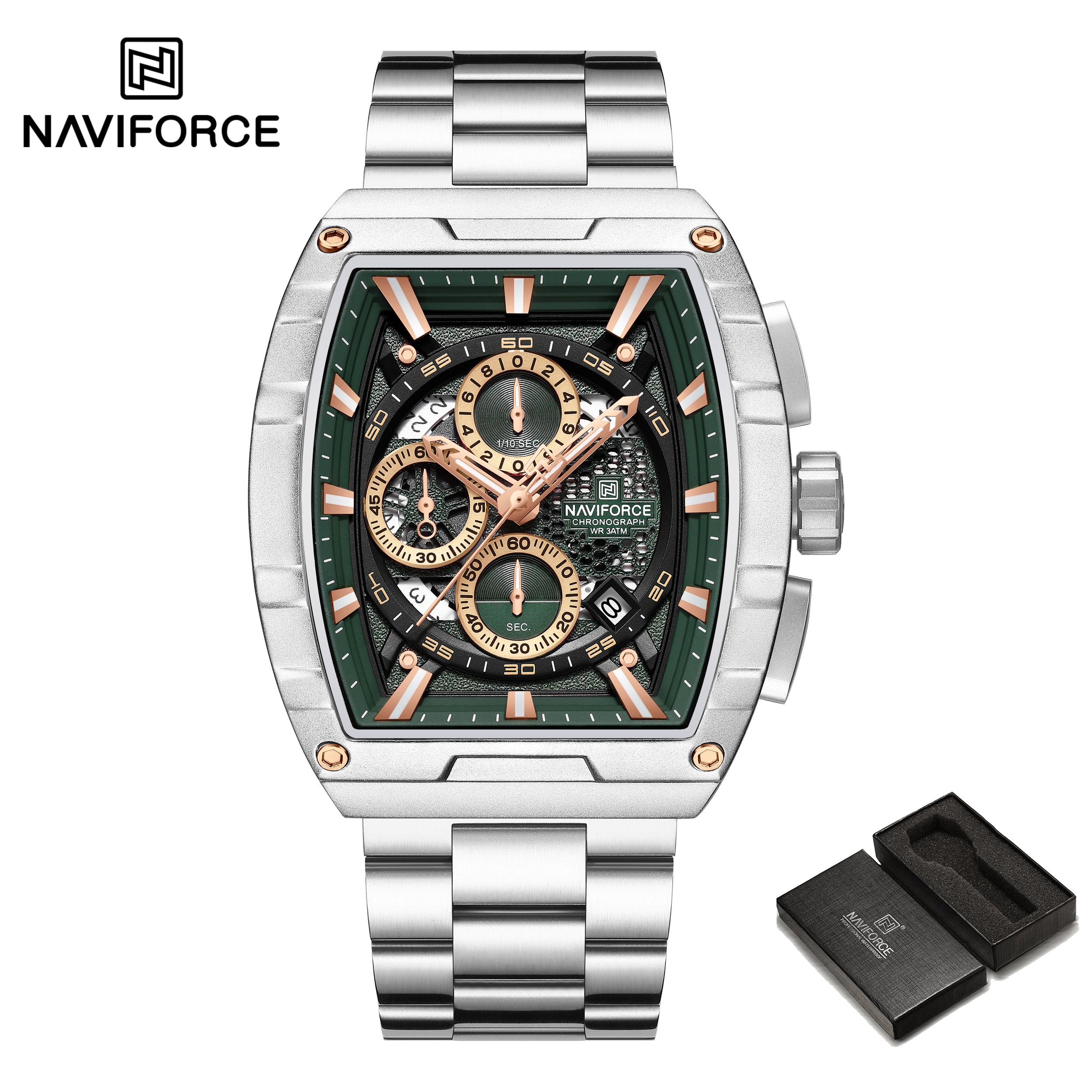 NAVIFORCE Мужские кварцевые часы с календарем, секундомером, хронографом, календарем, люминесцентными стрелками, ремешком из нержавеющей стали, водонепроницаемые, для активного отдыха, NF8066 серебряный/зелёный
NAVIFORCE Мужские кварцевые часы с календарем, секундомером, хронографом, календарем, люминесцентными стрелками, ремешком из нержавеющей стали, водонепроницаемые, для активного отдыха, NF8066 серебряный/зелёный