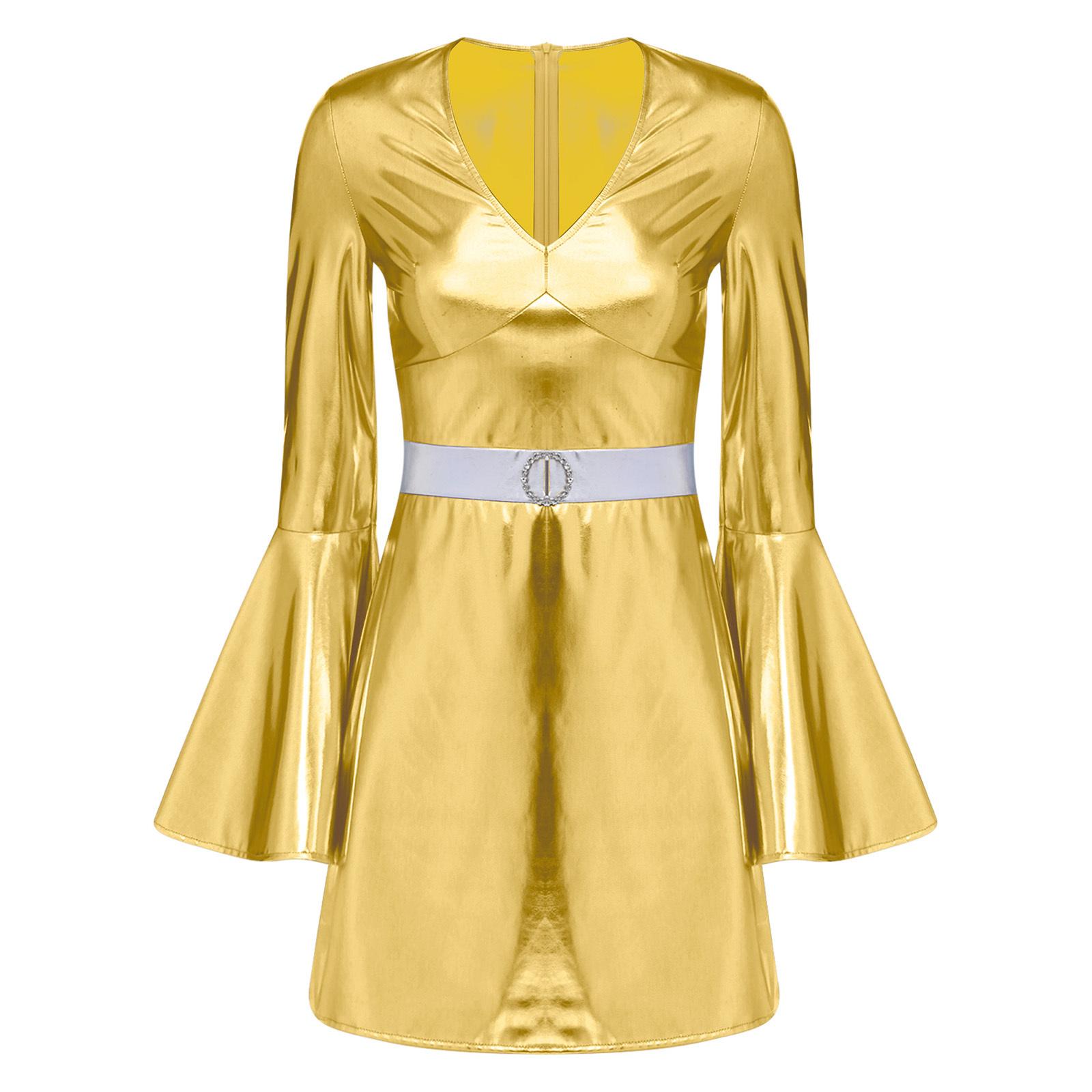 Жіночий костюм диско 70-х з V-подібним вирізом, рукавами-кльош, кристальним декором, металевою блискучою облягаючою сукнею XXL золотий
Жіночий костюм диско 70-х з V-подібним вирізом, рукавами-кльош, кристальним декором, металевою блискучою облягаючою сукнею XXL золотий