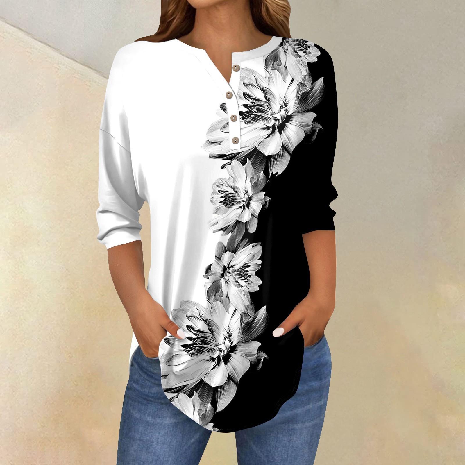 Женские топы с рукавами 3/4, летние футболки с цветочным принтом и V-образным вырезом, повседневные базовые футболки с пуговицами, туники XXL белый
Женские топы с рукавами 3/4, летние футболки с цветочным принтом и V-образным вырезом, повседневные базовые футболки с пуговицами, туники XXL белый