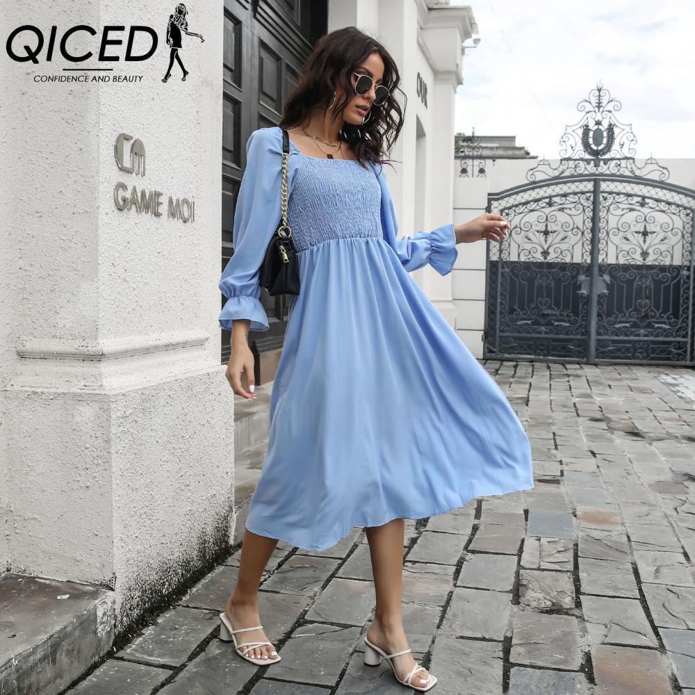 QICED Женское платье миди весна-лето, расклешенные рукава, А-силуэт, квадратный воротник, высокая талия, однотонный цвет, S-XL S синий
QICED Женское платье миди весна-лето, расклешенные рукава, А-силуэт, квадратный воротник, высокая талия, однотонный цвет, S-XL S синий