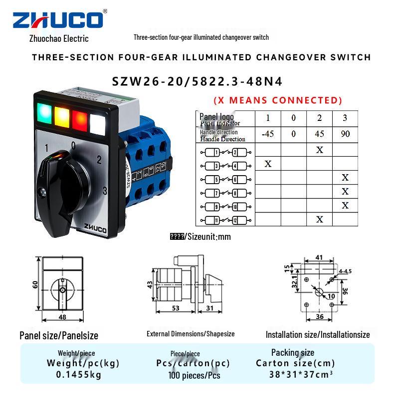 Zhuochao SZW26-20/5822.3-48N4 Four-Position Rotary Switch with Light
Zhuochao SZW26-20/5822.3-48N4 Four-Position Rotary Switch with Light