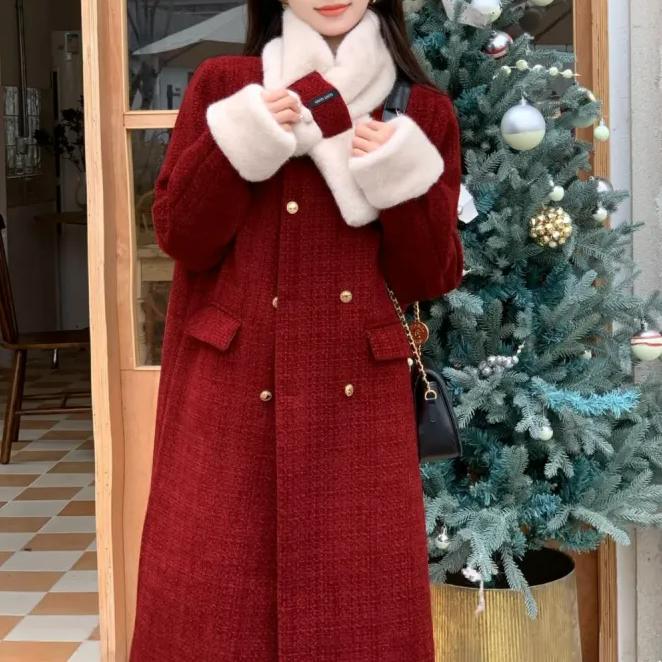 WTEMPO Плюшевое рождественское красное длинное пальто с рукавами и круглым вырезом и шарфом, женская толстая теплая осенне-зимняя плюшевая ветровка большого размера One Size красный