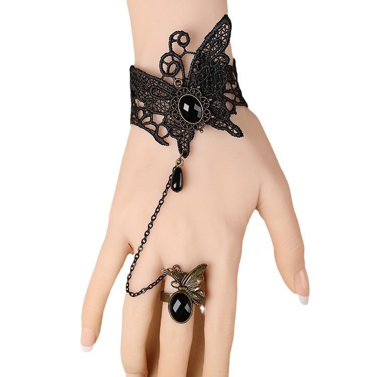 Кружевной панк-готический чокер-браслет с кольцом и цепочкой
Кружевной панк-готический чокер-браслет с кольцом и цепочкой