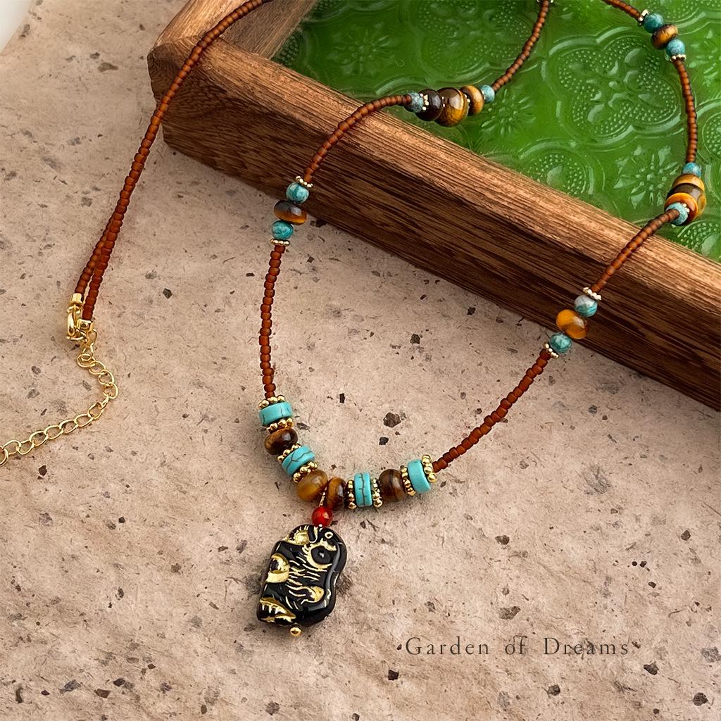 Handmade Tiger Eye & Czech Glass Beaded Necklace: Ethnic Style, Artistic Sweater Chain for Women
Handmade Tiger Eye & Czech Glass Beaded Necklace: Ethnic Style, Artistic Sweater Chain for Women