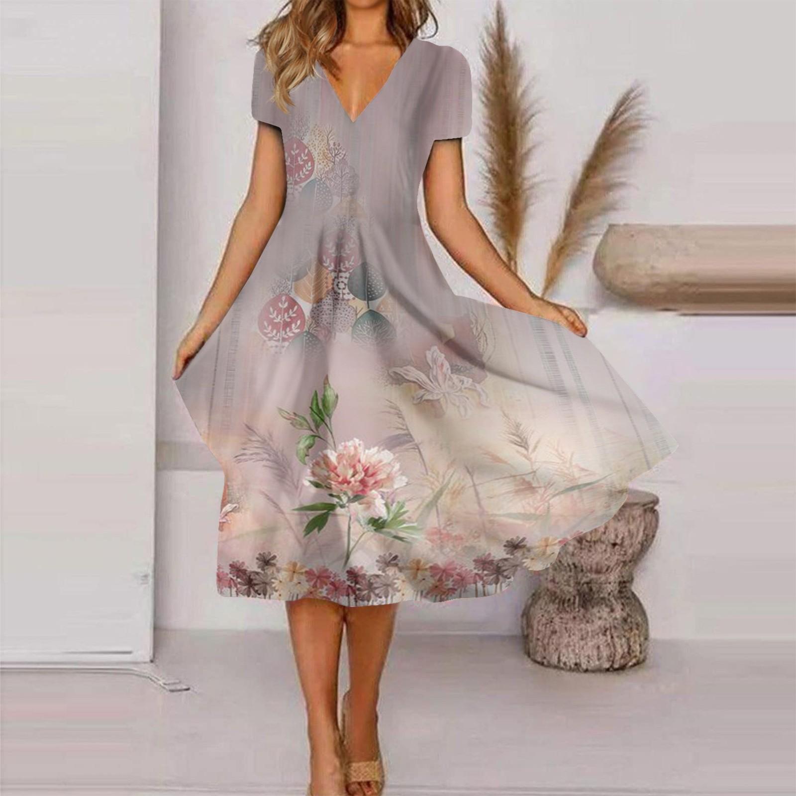 Женское модное и универсальное летнее темпераментное платье с v-образным вырезом и короткими рукавами с принтом XXL