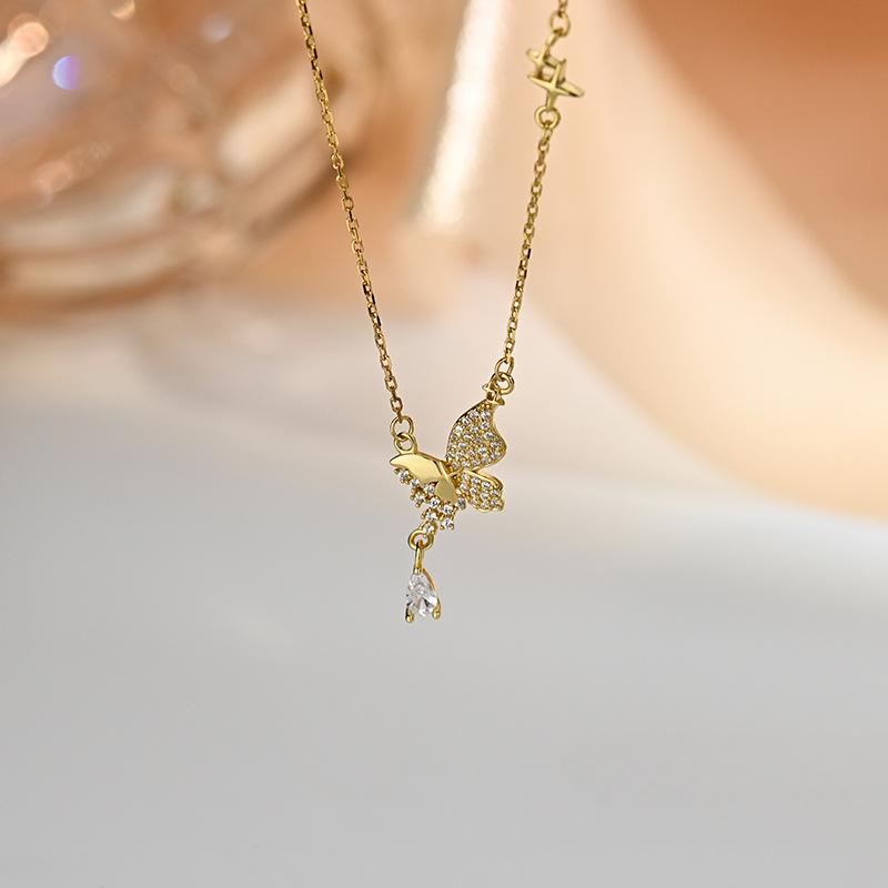 Ожерелье с бриллиантами в виде бабочки и капли воды, изысканная модная легкая роскошная цепочка на ключицу, новая ниша