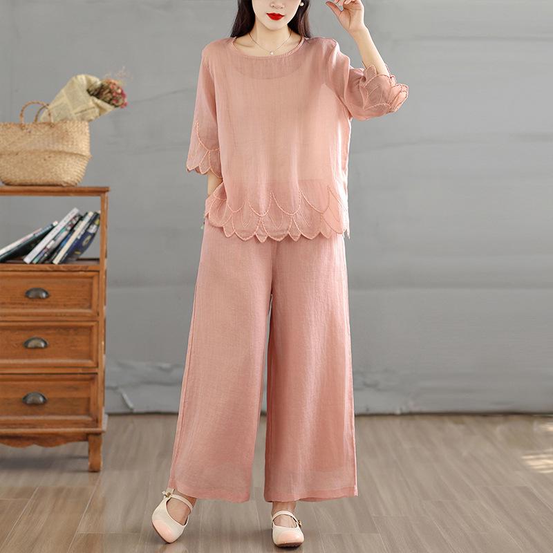 Linen Embroidery Blouse with Irregular Hem & Elegant Loose Wide-Leg Pants Set Large рожевий
Linen Embroidery Blouse with Irregular Hem & Elegant Loose Wide-Leg Pants Set Large рожевий