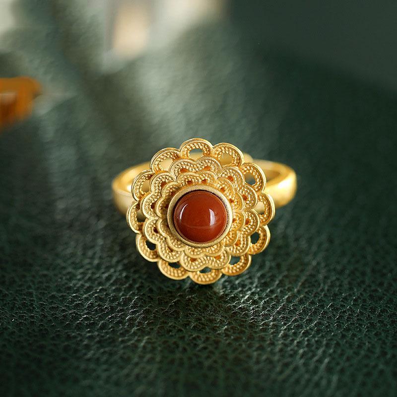 Vintage Gold Flower Ring with Natural Imitation Hetian Jade and Sunflower Design Adjustable
Vintage Gold Flower Ring with Natural Imitation Hetian Jade and Sunflower Design Adjustable