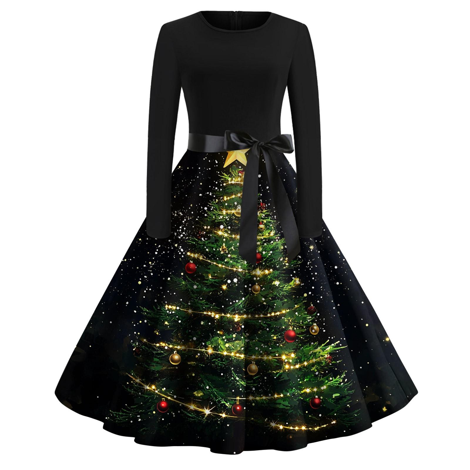 Женское модное винтажное платье с длинным рукавом и круглым вырезом с рождественским принтом L