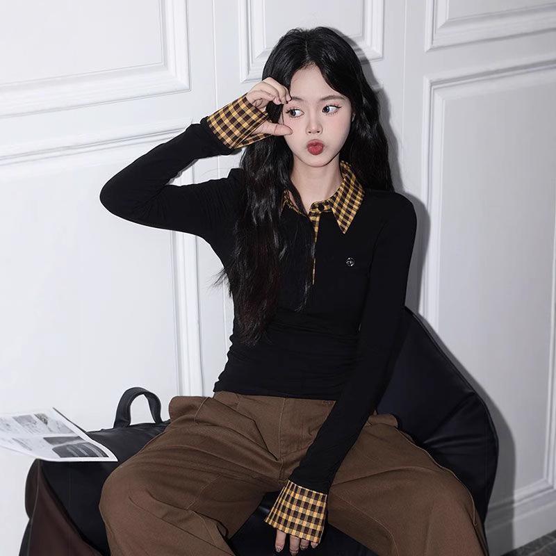 Design Sense Women s Plaid Patchwork Long Sleeve Collared Slim-Fit T-Shirt for Autumn M 
Design Sense Women s Plaid Patchwork Long Sleeve Collared Slim-Fit T-Shirt for Autumn M