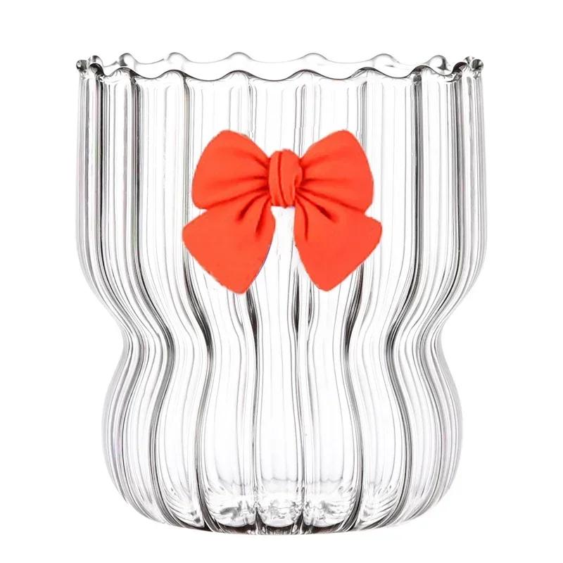 Стеклянные кружки для кофе с бантом, полосатая кружка для воды, термостойкая кружка для питья, кружка для завтрака, молока, чая, напитков, сока, десерта 300ml оранжевый