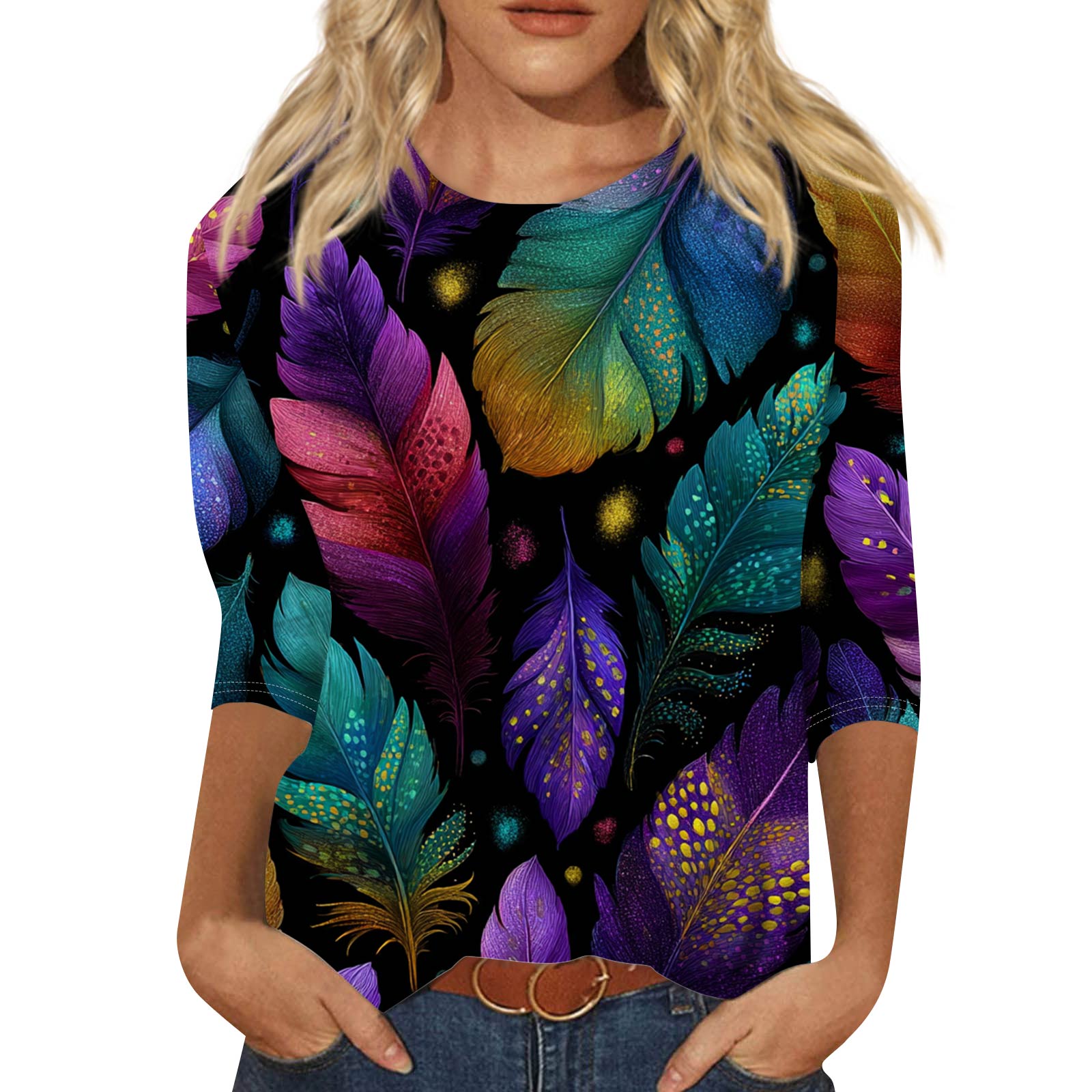 Женский модный повседневный топ с рукавом три четверти и карнавальным принтом на горловине M
Женский модный повседневный топ с рукавом три четверти и карнавальным принтом на горловине M