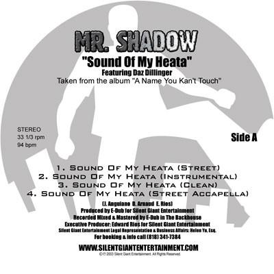 12inch Record MR. SHADOW - Sound Of My Heata NONE Silent Giant En 2003 US Rap & Hip-Hop/R&B Used
12inch Record MR. SHADOW - Sound Of My Heata NONE Silent Giant En 2003 US Rap & Hip-Hop/R&B Used