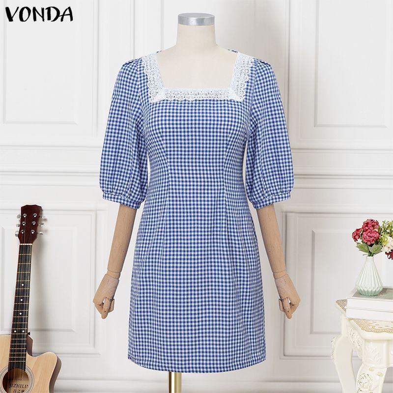 VONDA Women Square Collar 3/4 Sleeve Lace Hem Casual Plaid Mini Dress XL синій
VONDA Women Square Collar 3/4 Sleeve Lace Hem Casual Plaid Mini Dress XL синій
