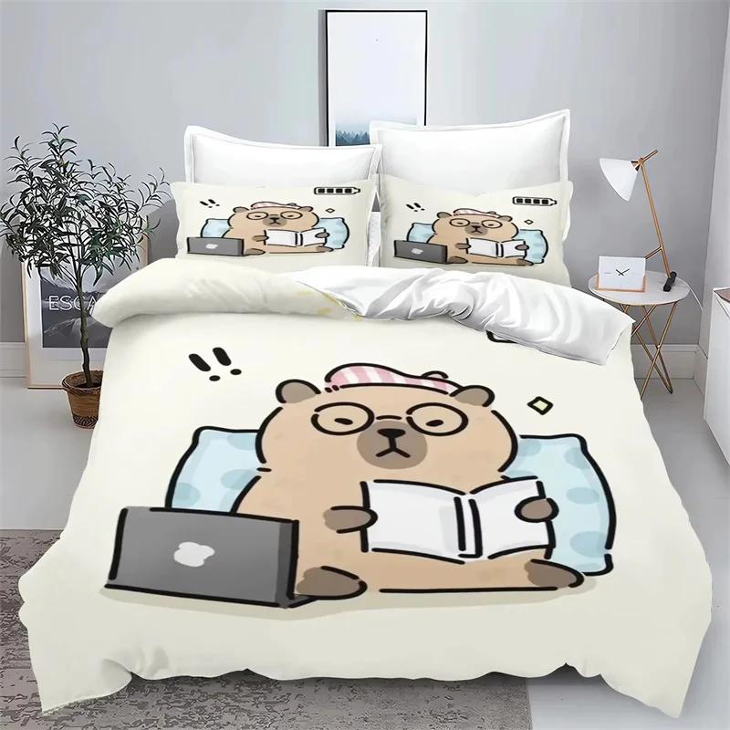 Мультяшный Капибара Набор Постельного Белья с 3D Принтом Детский Пододеяльник Наволочка Набор Аниме Полиэстер Милый Мультфильм Домашнее Украшение US Twin(172x218cm)