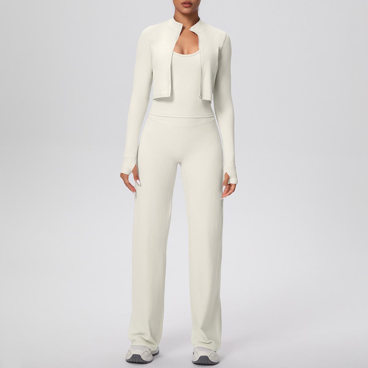 Solid Color Three-Piece Fitness Set: Zipper Jacket, Tie-Up Vest, and Loose Straight-Leg Pants Small
Solid Color Three-Piece Fitness Set: Zipper Jacket, Tie-Up Vest, and Loose Straight-Leg Pants Small