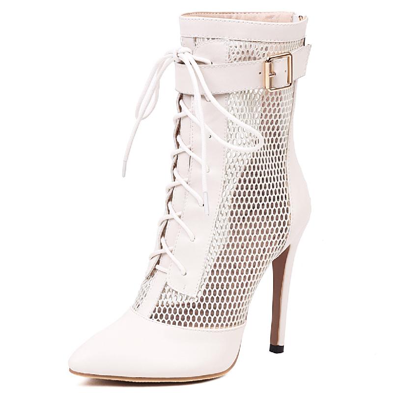 Модные летние сапоги, женская обувь, сексуальные ботильоны с острым носком, черные, белые, на высоком каблуке, на шнуровке, танцевальная обувь для вечеринок, женская, большого размера 39 белый